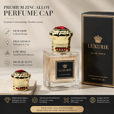 kupować Luksusowa nakrętka do perfum w kształcie korony ze stopu cynku, inkrustowana czerwonym rhinestone, z niestandardowym logo, pozłacana nakrętka do butelek perfum z metalu zamak, OEM, wysokiej klasy nakrętka do butelek perfum, magnetyczna produkcja online