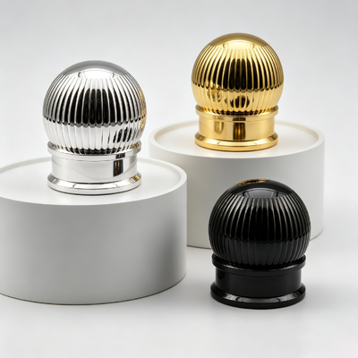 kupić FEA15 Korek do perfum z zamaku z pionowymi żebrami i kulistym wierzchem, galwanizowany, w kształcie kuli, metalowa nakrętka do butelek perfum, niestandardowe logo OEM ODM, nakrętka do perfum ze stopu cynku produkcja online