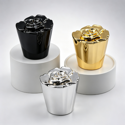 kupić FEA15 Stopka perfum z cynku stopu 3D róża tapered cup‑shaped body galwanizowana metalowa nakrętka perfum logo OEM ODM Zamac stopka perfum produkcja online
