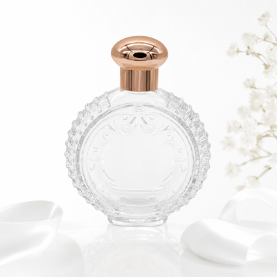 Premium Zamak Perfume Flask Cap z Rose Gold Embossed Top, hermetyczna pieczęć i CNC rzeźbiony design