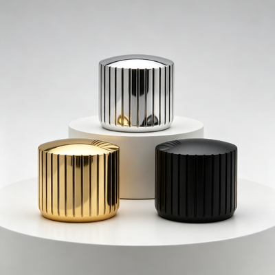 Źródło Fabryka Cylindrical Vertical Ribbed Zinc Alloy Perfume Cap FEA15 Fit Rounded Top Embossed Zamac Perfume Bottle Lid Multi‐Color Electroplating Custom Logo OEM ODM